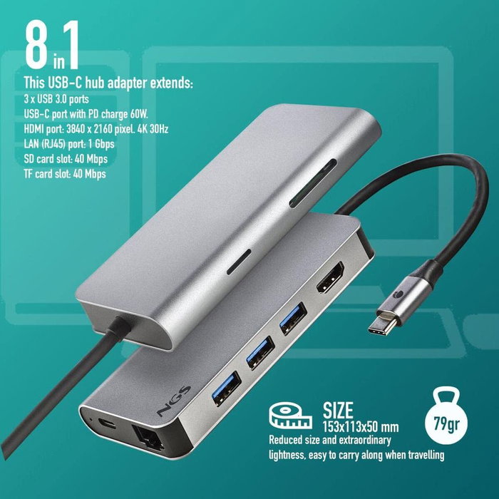 NGS WonderDock8 Adaptador USB-C 8 en 1 Plata