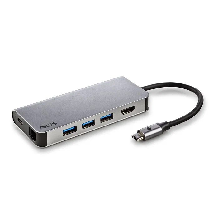 NGS Wonderdock8 Hub USB-C 8 en 1 con 3x USB 3.0, PD 60W, HDMI 4K 30Hz, Puerto LAN RJ45 Gigabit y Lector de Tarjetas SD/TF - Carcasa de Aluminio Plata