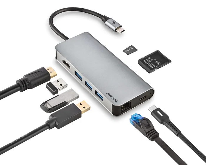 NGS Wonderdock8 Hub USB-C 8 en 1 con 3x USB 3.0, PD 60W, HDMI 4K 30Hz, Puerto LAN RJ45 Gigabit y Lector de Tarjetas SD/TF - Carcasa de Aluminio Plata