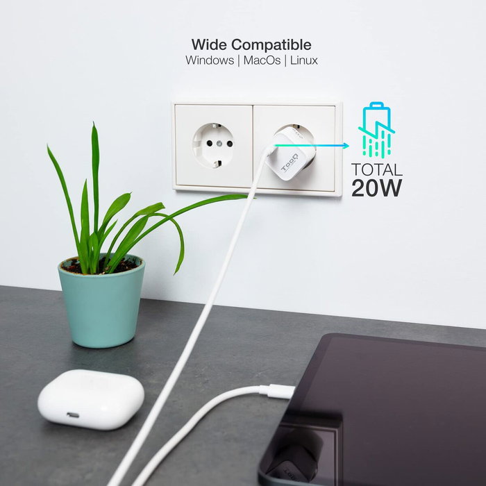 Tooq Cargador de Pared USB-C PD20W Blanco