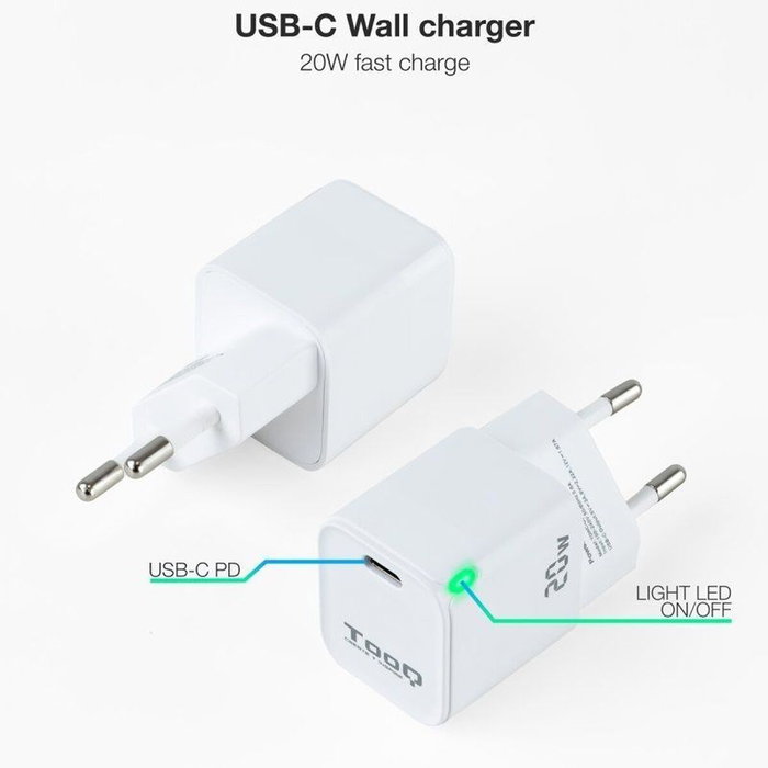 Tooq Cargador de Pared USB-C PD20W Blanco