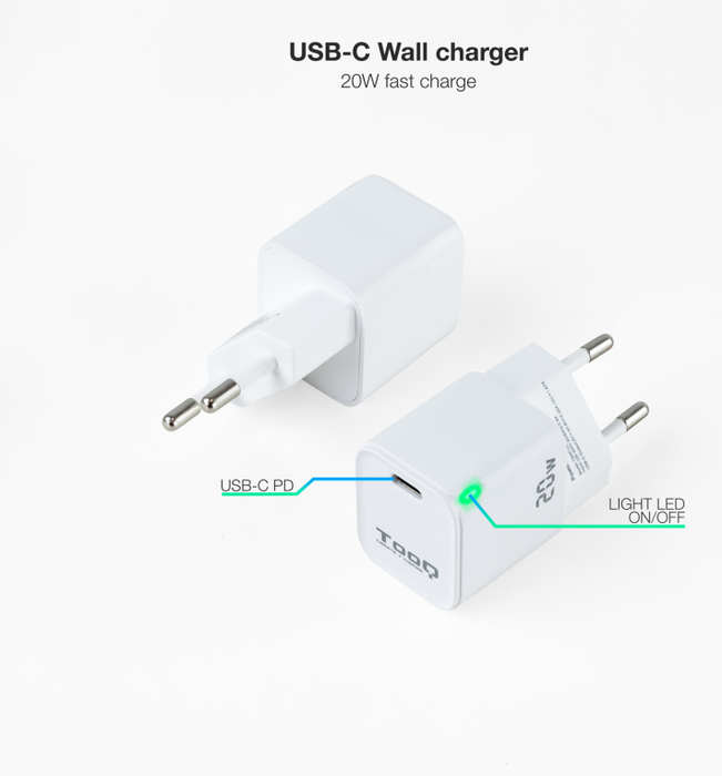 Tooq Cargador de Pared USB-C PD20W Blanco