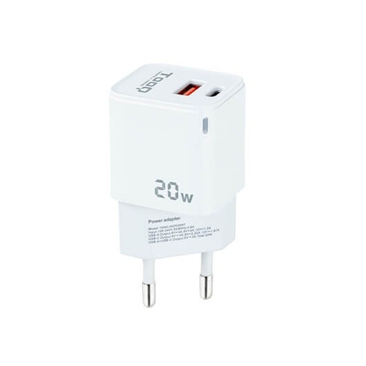 Tooq Cargador de Pared USB-C/PD + USB-A/QC 20W Blanco