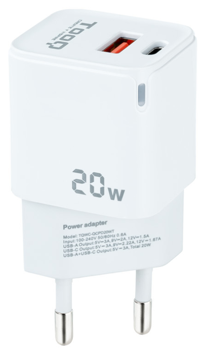 Tooq Cargador de Pared USB-C/PD + USB-A/QC 20W Blanco