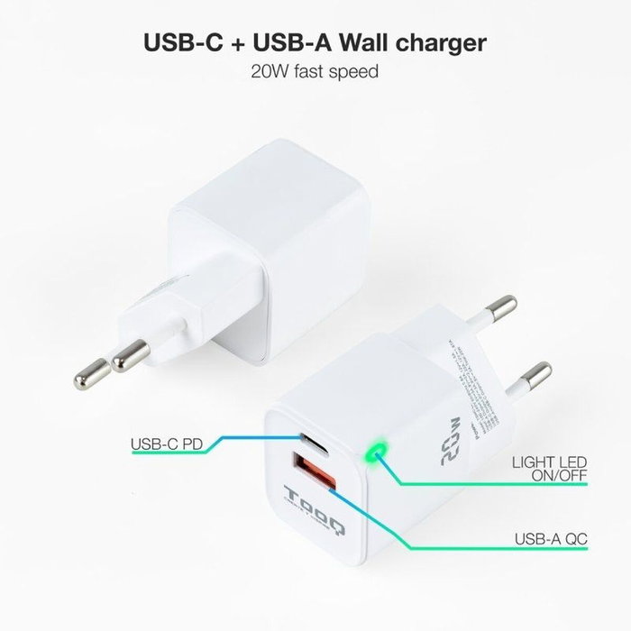 Tooq Cargador de Pared USB-C/PD + USB-A/QC 20W Blanco