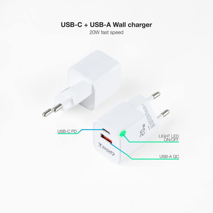 Tooq Cargador de Pared USB-C/PD + USB-A/QC 20W Blanco