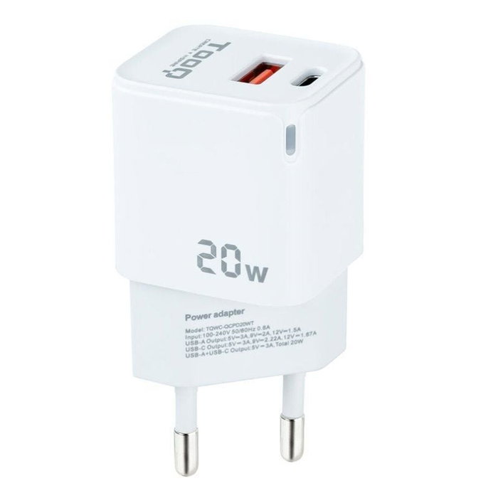 Tooq Cargador de Pared USB-C/PD + USB-A/QC 20W Blanco