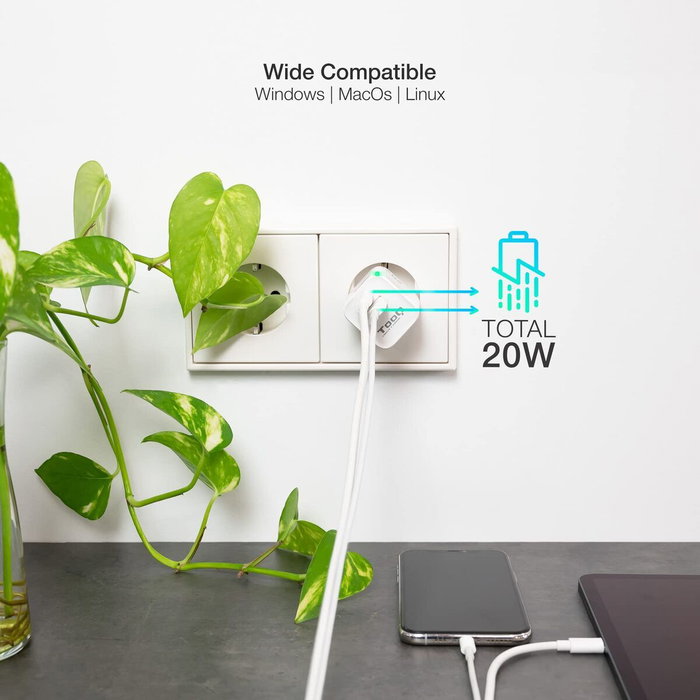 Tooq Cargador de Pared USB-C/PD + USB-A/QC 20W Blanco