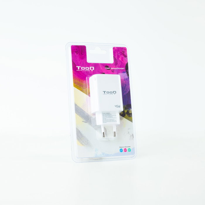 TOOQ Cargador de Pared GaN 45W con USB-C y USB-A, Blanco TOOQ Cargador de Pared GaN 45W con USB-C y USB-A, Blanco