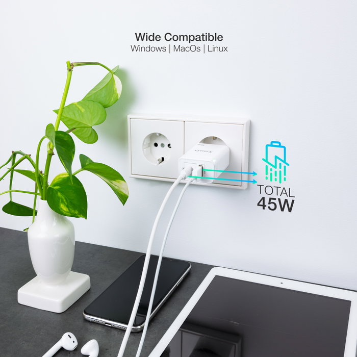 TOOQ Cargador de Pared GaN 45W con USB-C y USB-A, Blanco TOOQ Cargador de Pared GaN 45W con USB-C y USB-A, Blanco