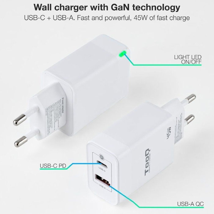 TOOQ Cargador de Pared GaN 45W con USB-C y USB-A, Blanco TOOQ Cargador de Pared GaN 45W con USB-C y USB-A, Blanco