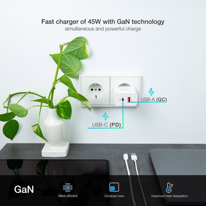 TOOQ Cargador de Pared GaN 45W con USB-C y USB-A, Blanco TOOQ Cargador de Pared GaN 45W con USB-C y USB-A, Blanco