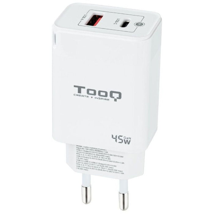 TOOQ Cargador de Pared GaN 45W con USB-C y USB-A, Blanco TOOQ Cargador de Pared GaN 45W con USB-C y USB-A, Blanco