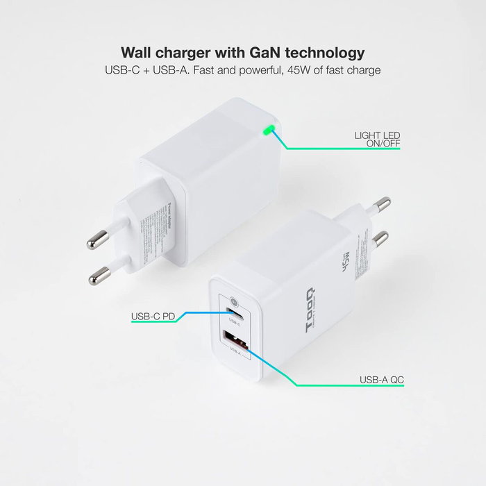 TOOQ Cargador de Pared GaN 45W con USB-C y USB-A, Blanco TOOQ Cargador de Pared GaN 45W con USB-C y USB-A, Blanco