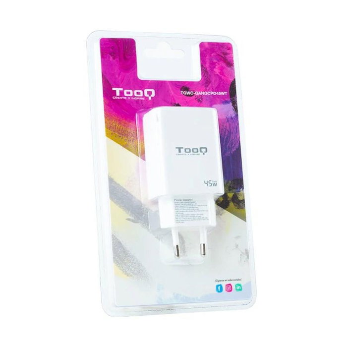 TOOQ Cargador de Pared GaN 45W con USB-C y USB-A, Blanco TOOQ Cargador de Pared GaN 45W con USB-C y USB-A, Blanco
