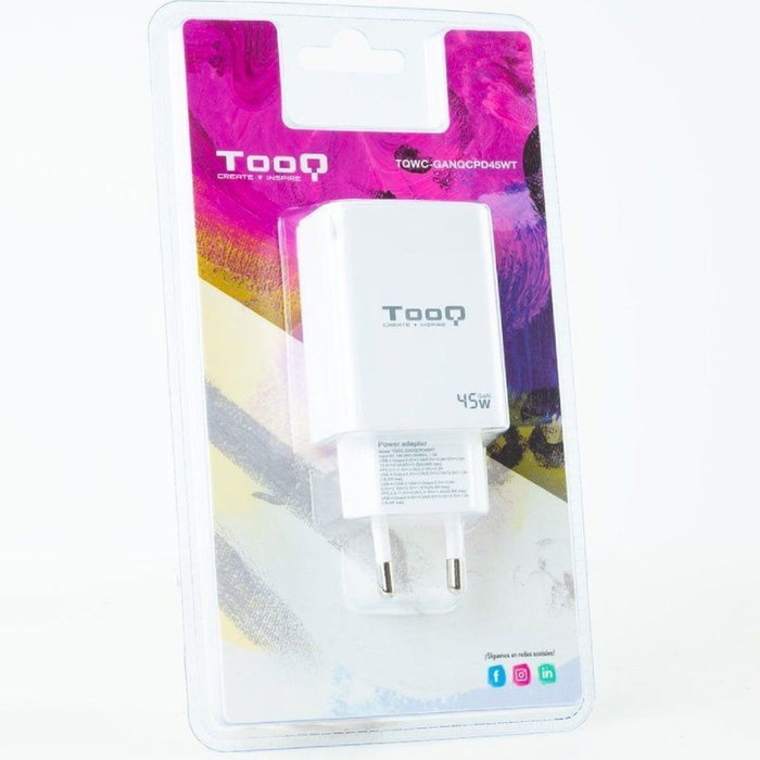 TOOQ Cargador de Pared GaN 45W con USB-C y USB-A, Blanco TOOQ Cargador de Pared GaN 45W con USB-C y USB-A, Blanco