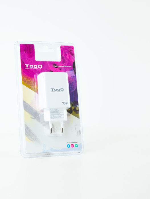 TOOQ Cargador de Pared GaN 45W con USB-C y USB-A, Blanco TOOQ Cargador de Pared GaN 45W con USB-C y USB-A, Blanco