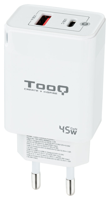 TOOQ Cargador de Pared GaN 45W con USB-C y USB-A, Blanco TOOQ Cargador de Pared GaN 45W con USB-C y USB-A, Blanco