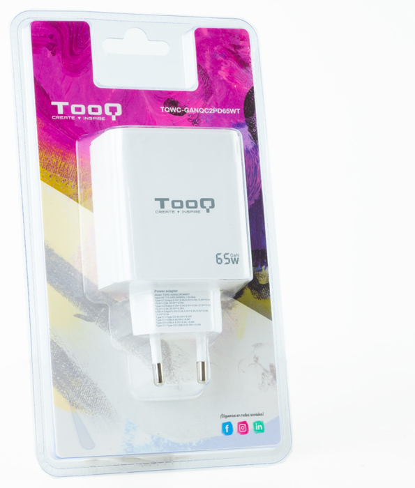 Tooq Cargador de Pared GaN 65W con 2x USB-C y 1x USB-A, Blanco