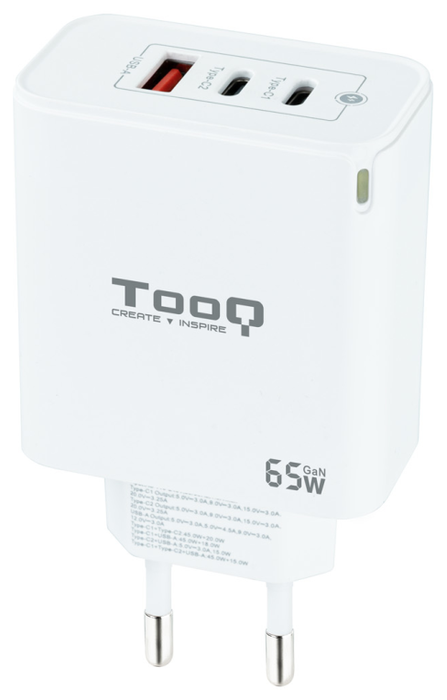 Tooq Cargador de Pared GaN 65W con 2x USB-C y 1x USB-A, Blanco