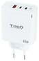 Tooq Cargador de Pared GaN 65W con 2x USB-C y 1x USB-A, Blanco