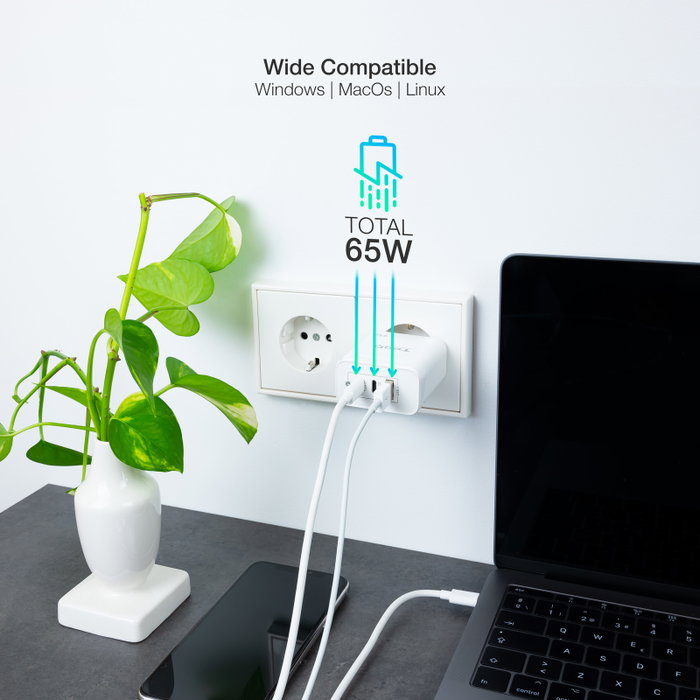 Tooq Cargador de Pared GaN 65W con 2x USB-C y 1x USB-A, Blanco