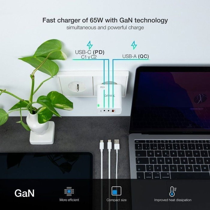 Tooq Cargador de Pared GaN 65W con 2x USB-C y 1x USB-A, Blanco