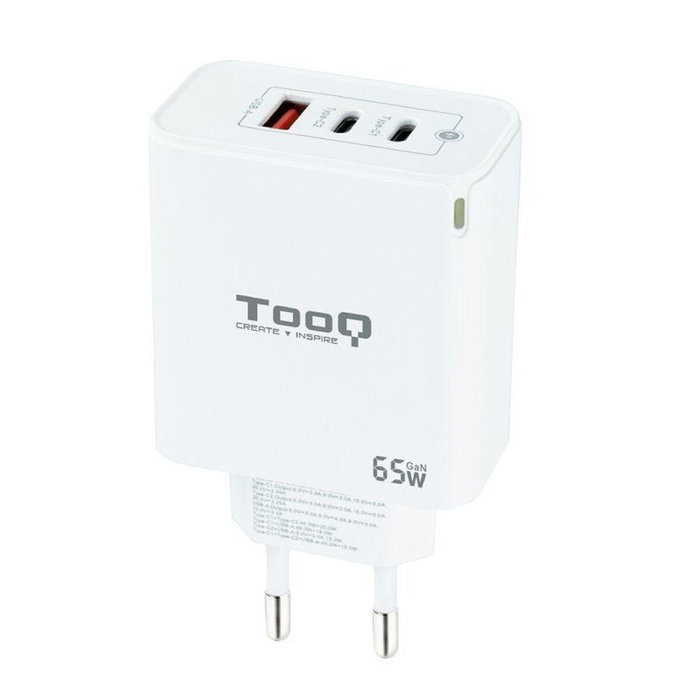 Tooq Cargador de Pared GaN 65W con 2x USB-C y 1x USB-A, Blanco