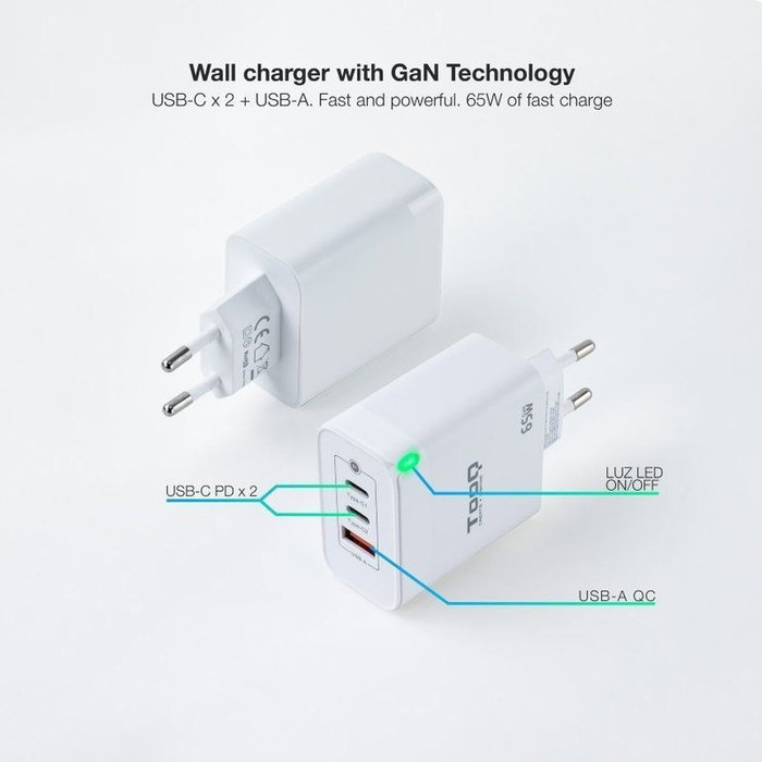 Tooq Cargador de Pared GaN 65W con 2x USB-C y 1x USB-A, Blanco
