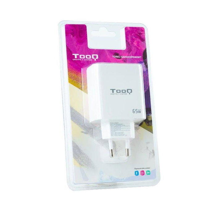 Tooq Cargador de Pared GaN 65W con 2x USB-C y 1x USB-A, Blanco