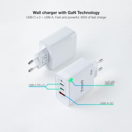 TOOQ CARGADOR DE PARED GaN 2USB-C/PD + USB-A/QC 65W
