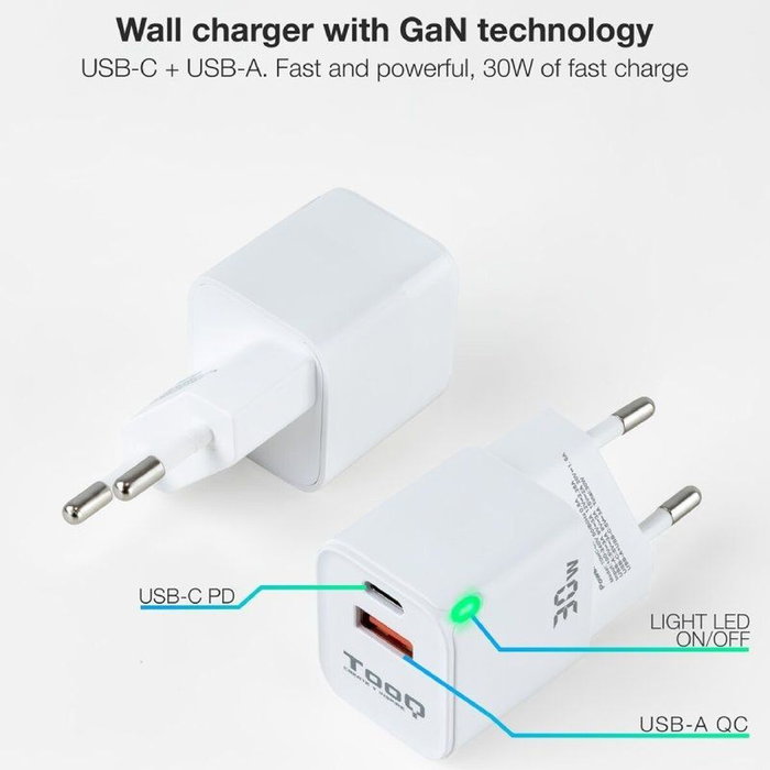 TOOQ Cargador de Pared GaN 30W USB-C y USB-A Blanco TQWC-GANQCPD30WT