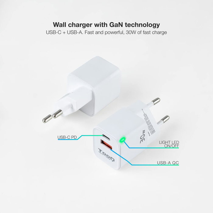TOOQ Cargador de Pared GaN 30W USB-C y USB-A Blanco TQWC-GANQCPD30WT