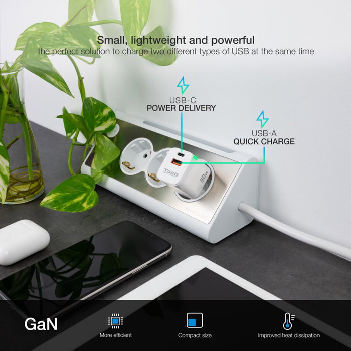 TOOQ Cargador de Pared GaN 30W USB-C y USB-A Blanco TQWC-GANQCPD30WT