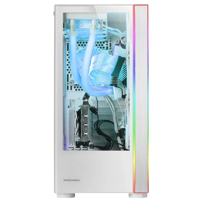 Mars Gaming MCULTRA Torre E-ATX XXL Blanco con Ventanas de Cristal Templado, Iluminación ARGB, Soporte para Refrigeración Líquida y Cámara Dual