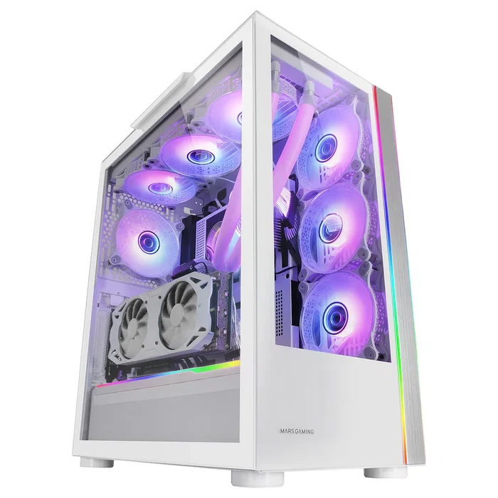 Mars Gaming MCULTRA Torre E-ATX XXL Blanco con Ventanas de Cristal Templado, Iluminación ARGB, Soporte para Refrigeración Líquida y Cámara Dual