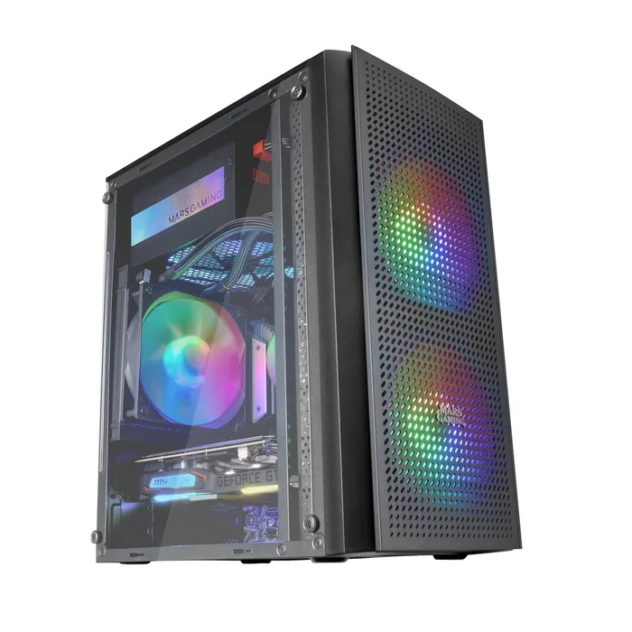 Mars Gaming Caja Gaming MC300 Mini-Torre Negro con Ventana Lateral de Cristal Templado, 3 Ventiladores RGB, Soporte Micro-ATX/Mini-ITX, 4 SSD, Rejilla Frontal Mesh
