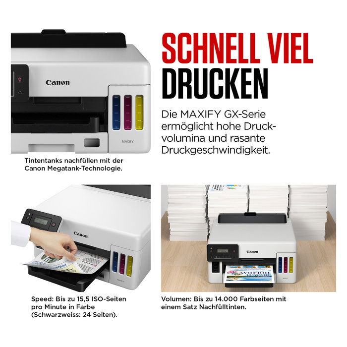 Canon MAXIFY GX3050 Impresora Multifunción A4 Tanque de Tinta WLAN, Duplex 3 en 1, Color, 18/13 ppm, Negra/Blanca