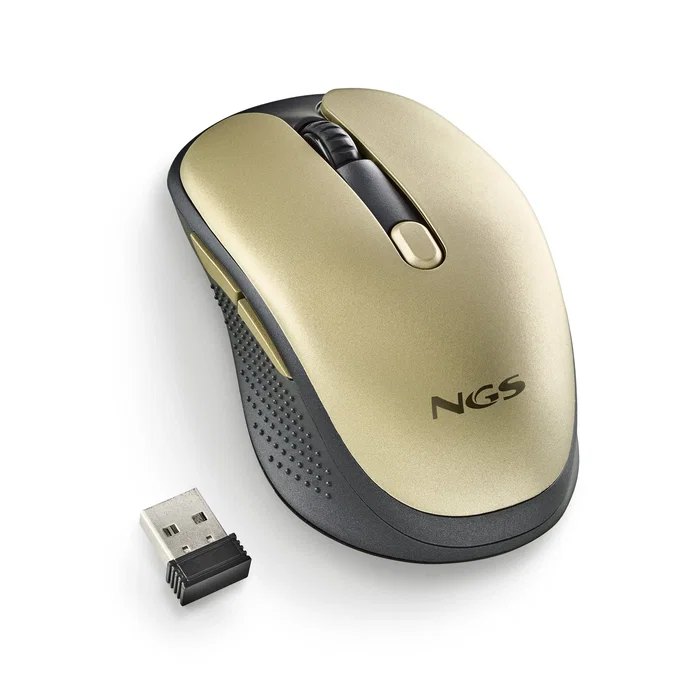 NGS EVO RUST - Ratón inalámbrico recargable ergonómico para diestros, 1600 DPI, botones silenciosos, sensor óptico, color dorado