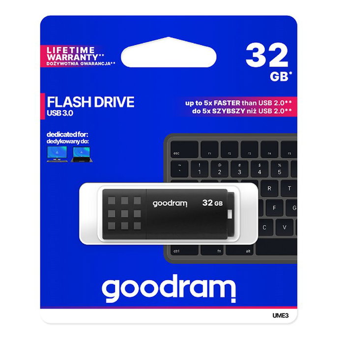 Goodram UME3-0320K0R11 Memoria USB 3.0 32GB Negro, lápiz USB 3.1 Gen 1, velocidad lectura 60 MB/s