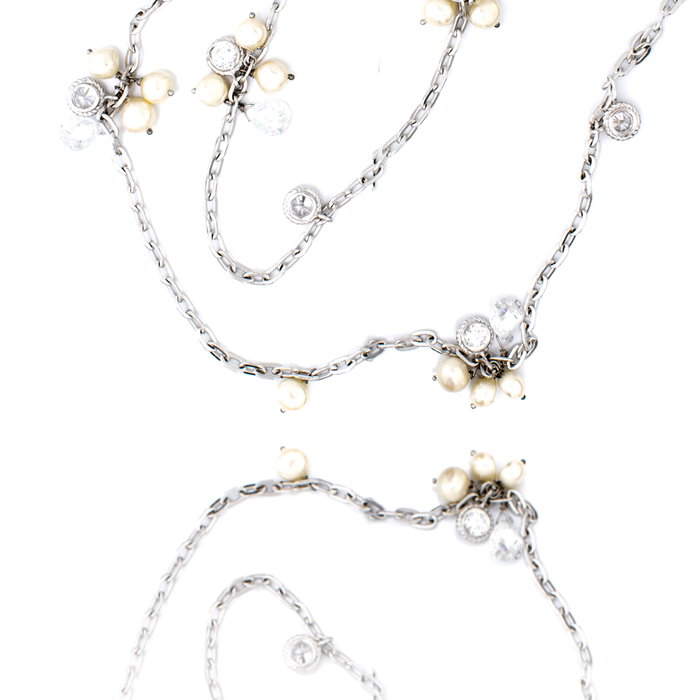 GC Colgante Pearl and Crystal Cluster Long Necklace Plata y Cristal, 45cm