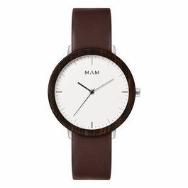Mam MAM628 Reloj Unisex de Madera de Ébano y Cuero Marrón