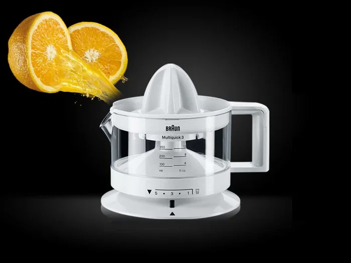 Braun CJ3000 Prensa de Cítricos Eléctrica TributeCollection, 0.35L 20W, Transparente/Blanco, con Ajuste de Pulpa y Función Antigoteo