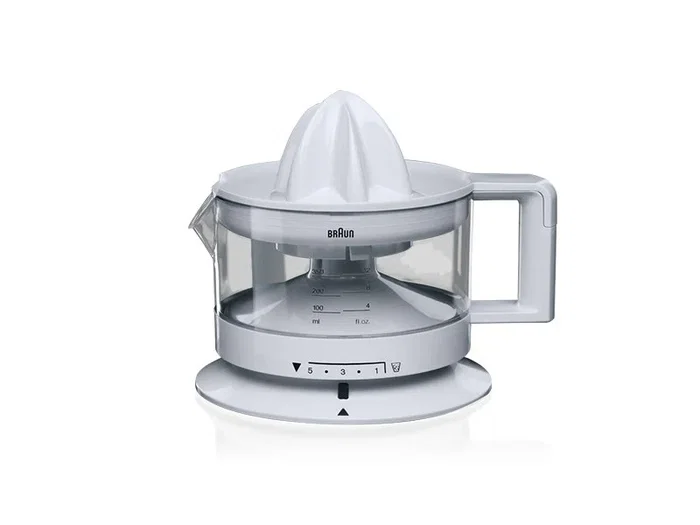 Braun CJ3000 Prensa de Cítricos Eléctrica TributeCollection, 0.35L 20W, Transparente/Blanco, con Ajuste de Pulpa y Función Antigoteo