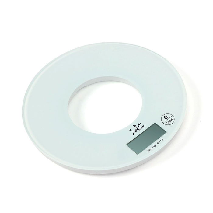 Jata Hogar Báscula Electrónica Redonda 5 kg Graduación 1g Tara Base Cristal Seguridad