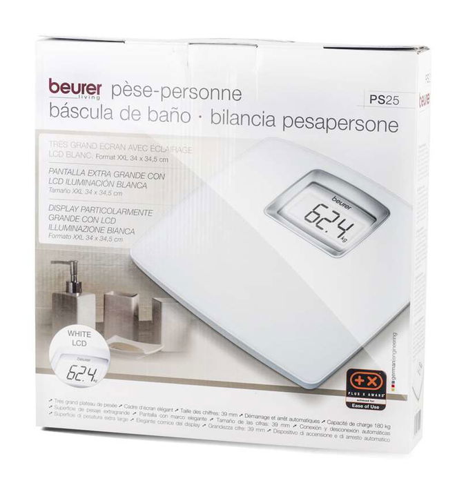 Beurer Báscula PS-25 Digital Blanca XXL Pantalla LCD Retroiluminada Extra Grande Fácil Lectura Inicio Rápido Automático