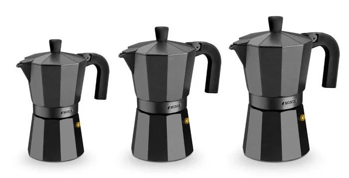 Monix Cafetera italiana Vitro Noir M640006, 6 tazas, diseño clásico de aluminio con recubrimiento antiadherente, color negro