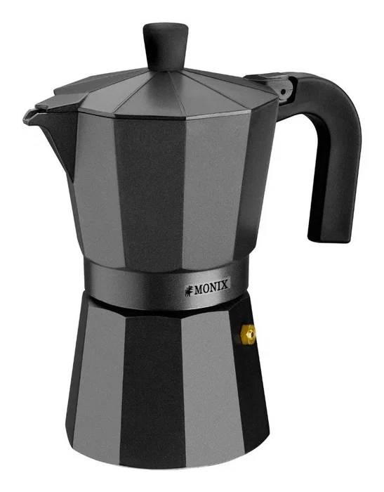Monix Cafetera italiana Vitro Noir M640006, 6 tazas, diseño clásico de aluminio con recubrimiento antiadherente, color negro