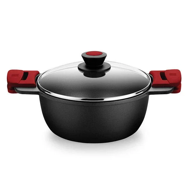 BRA Premiere A410328 Cacerola Aluminio Fundido 5.7 Litros Ø28 cm, Apta para Inducción y Horno 220°C, Revestimiento Antiadherente Teflon, Incluye Tapa de Cristal, Color Negro y Rojo