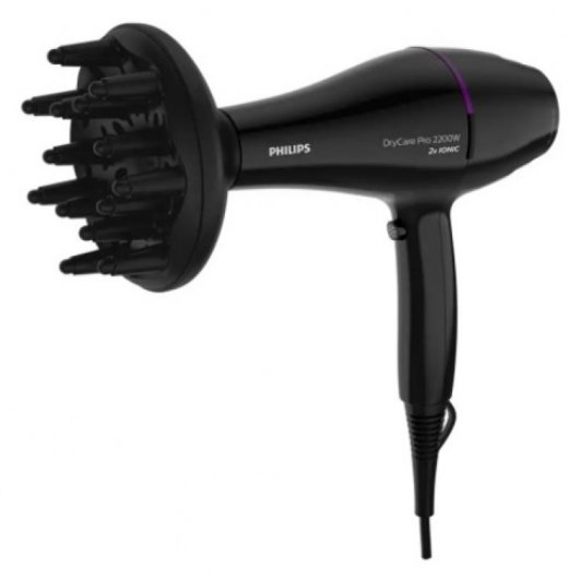 Philips Drycare Advanced Pro - Secador de Pelo Profesional 2200W con Motor AC, Tecnología Iónica, Difusor y Boquilla Concentradora, 6 Velocidades, Aire Frío, Negro
